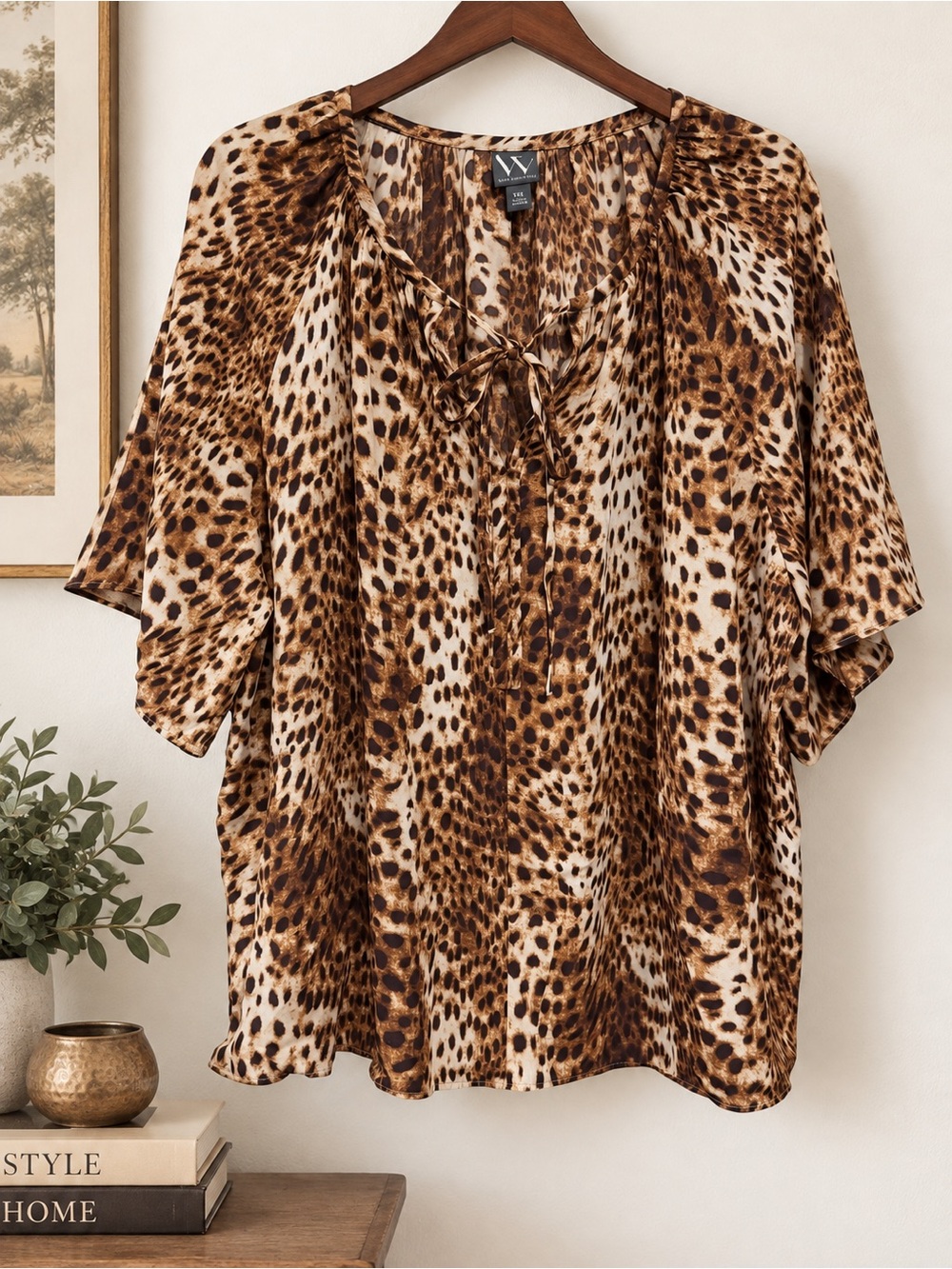 Leopard Animal Print Tie Neck Blouse Brown Tan XXL